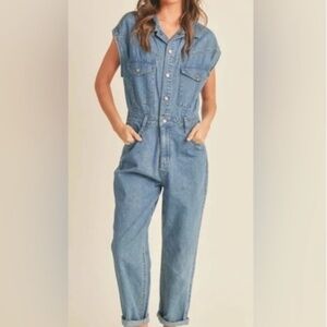BLANK NYC WOMENS DENIM JEAN SHORT SLEEVE JUMPSUIT ROMPER WESTERN SMALL BLUE